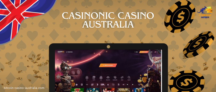 poker chips, monitor with casinonic casino and website logo on yellow background