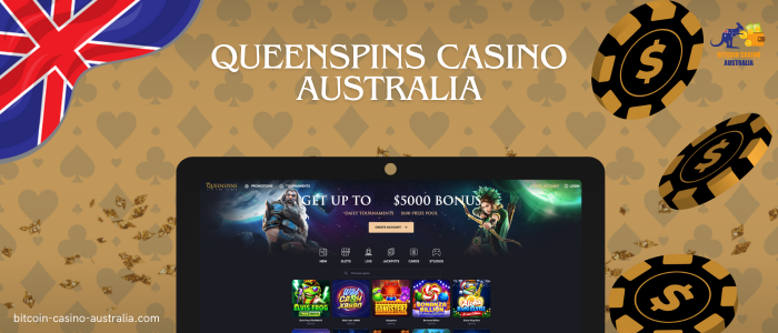poker chips, monitor with queenspins casino and website logo on yellow background