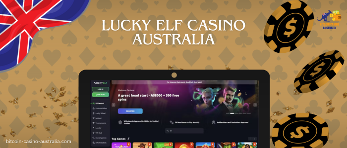 poker chips, monitor with lucky elf casino and website logo on yellow background