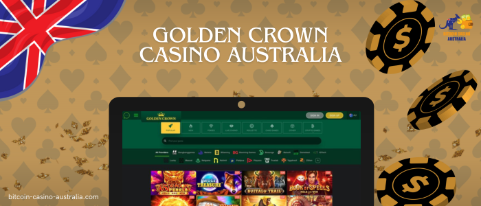 poker chips, monitor with golden crown casino and website logo on yellow background