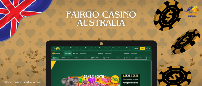 poker chips, monitor with fairgo casino and website logo on yellow background
