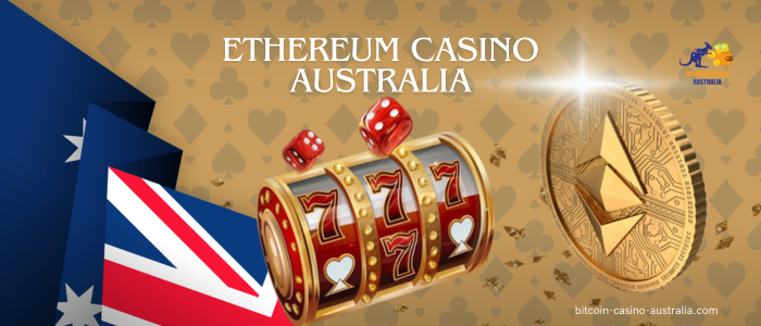 Australian flag, slot, ethereum coin and site logo on yellow background