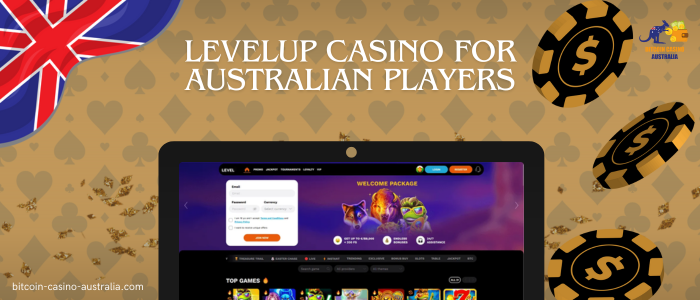 poker chips, monitor with level up casino and website logo on yellow background